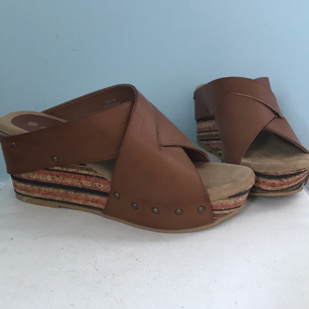 Ruff Hewn brown cork wedge sandal, size 8.5